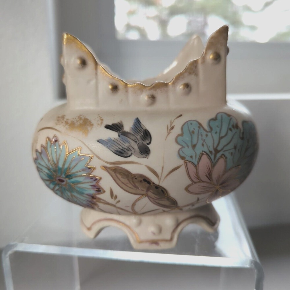 Royal Porcelain Vase Ceramic Antique Hand Painted Floral Bird Gold Gilding Oval